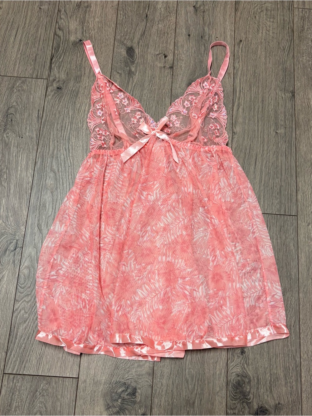 Pink floral babydoll lace mesh lingerie slip dress 1X